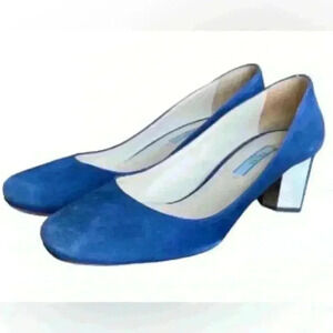 PRADA Calzature Donna Blue Suede Hexagon Heel Pumps, Size 38